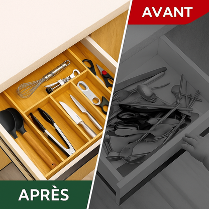 avant-après rangement tiroir cuisine avec organiseur en bambou