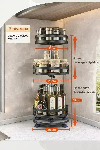 etagere a epices rotative 360 inox trois niveaux 59cm reglable