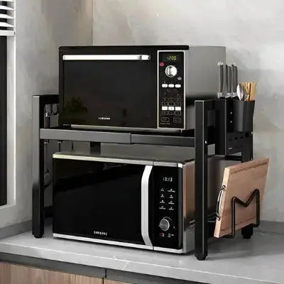 etagere cuisine modulable metal noir double niveau support micro ondes
