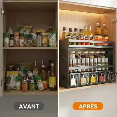 etagere epices mural metal 3 niveaux compartiments organisation avant apres