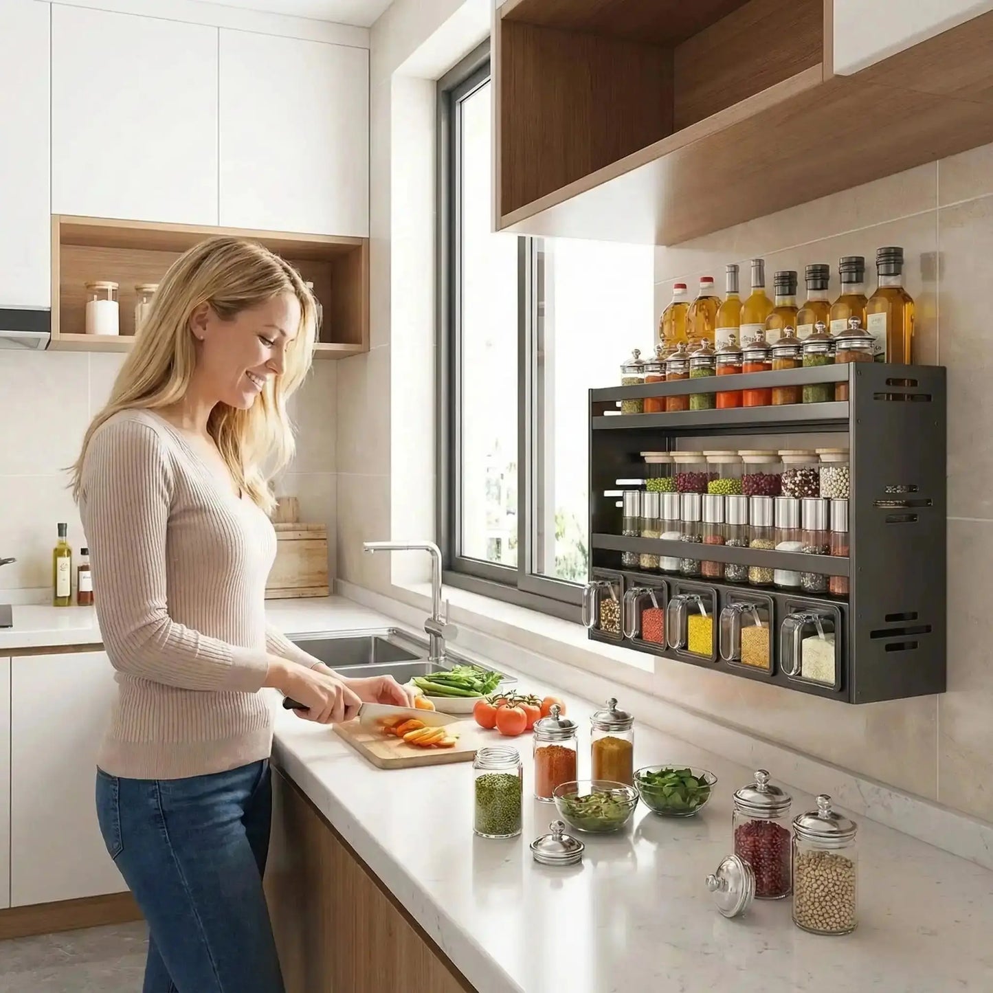 femmecuisineutilisationetagereepicesmuralerangementpratiquemoderne