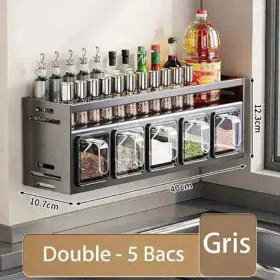 etagere epices murale metal gris 5 bacs 3 niveaux 40cm robuste
