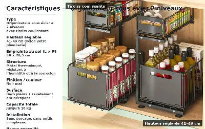 rangement sous evier coulissant reglable deux niveaux resistant