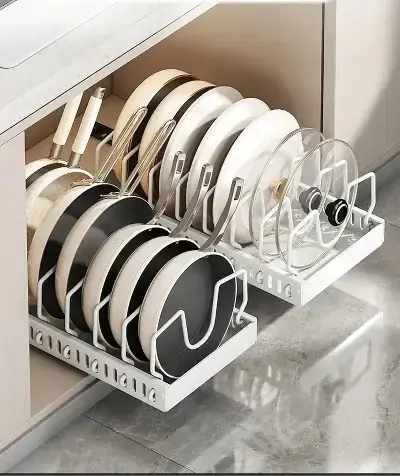 organisateur cuisine multifonctionnel coulissant blanc rangement casseroles poeles couvercles