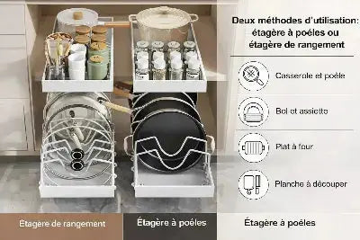 organisateur cuisine multifonctionnel coulissant pour casseroles assiettes plats et planches