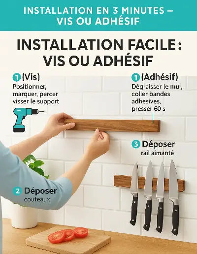 porte couteaux magnetique mural bois installation facile vis adhesif
