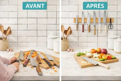 porte couteaux magnetique mural bois avant apres gain espace