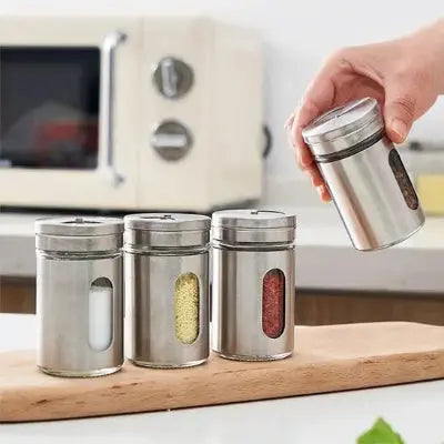 pots a epices acier inoxydable cuisine rangement bocal verre distributeur saupoudreur main
