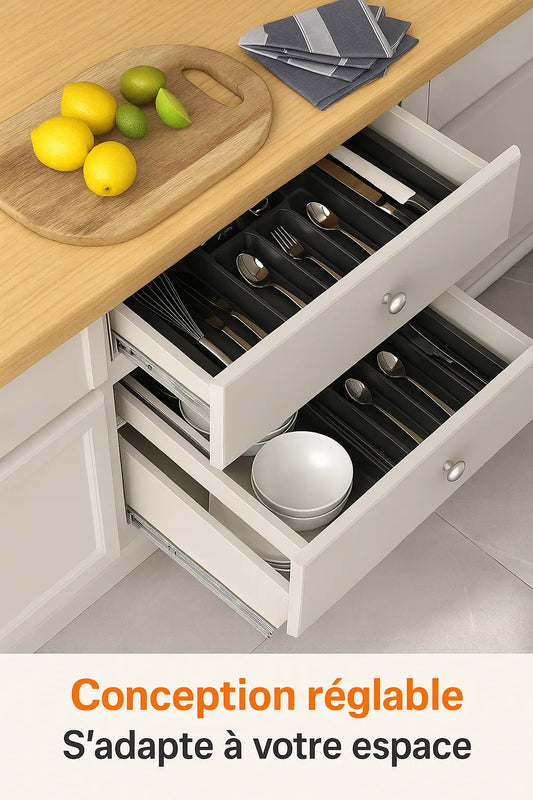 Range Couverts Tiroir 8 Compartiments | Organisateur Ustensiles Cuisine Noir Lunivers-du-Rangement