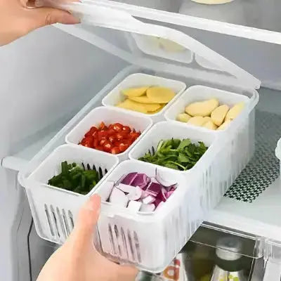 rangement frigo modulable avec couvercle pour legumes et panier egouttoir