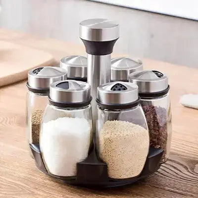 rangement epices modulable rotatif 6 bocaux verre inox