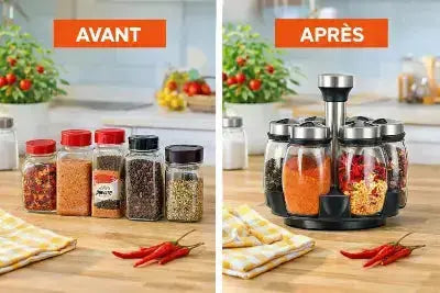 rangement epices modulable avant apres 6 bocaux organisation rotative