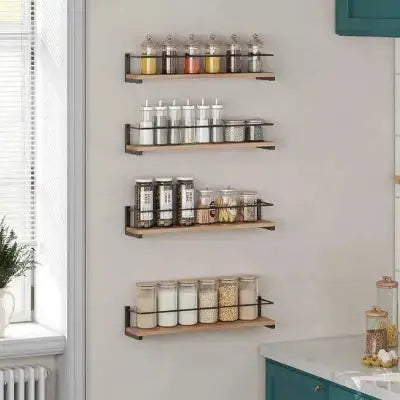 rangement pour epices mural quatre etageres bois metal pratique