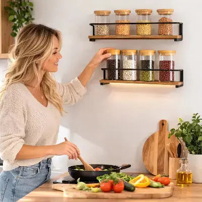 rangement pour epices mural deux etageres bois metal elegant