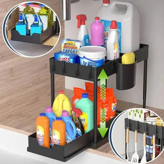 rangementsouseviercuisineorganisateurcoulissant2niveauxaveccrochetslaterauxpratiquesetageresalledebain