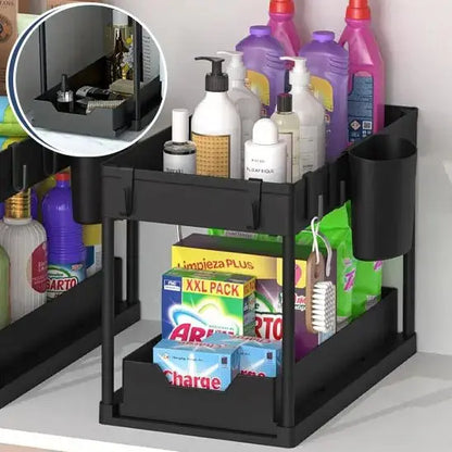 rangementsouseviercuisineorganisateurcoulissant2niveauxaveccrochetsetpanierlateralsuspenduetageresalledebain