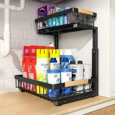rangement sous evier noir modulable deux niveaux gain de place