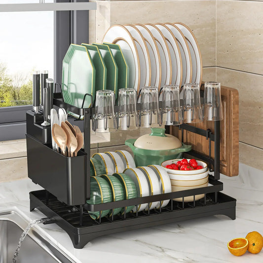 2 Tier Dish Drying Rack Dish Drying Rack Countertop Tableware Drainer with Cups Rack Utensil Holder Cutting Board for Kitchen Lunivers-du-Rangement