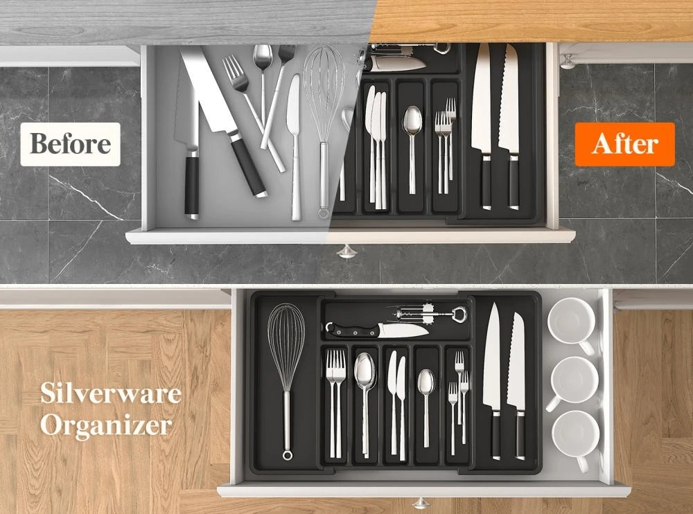 Silverware Drawer Organizer Expandable Utensil Tray for Kitchen Adjustable Flatware and Cutlery Holder Black Cutlery Organiser Lunivers-du-Rangement