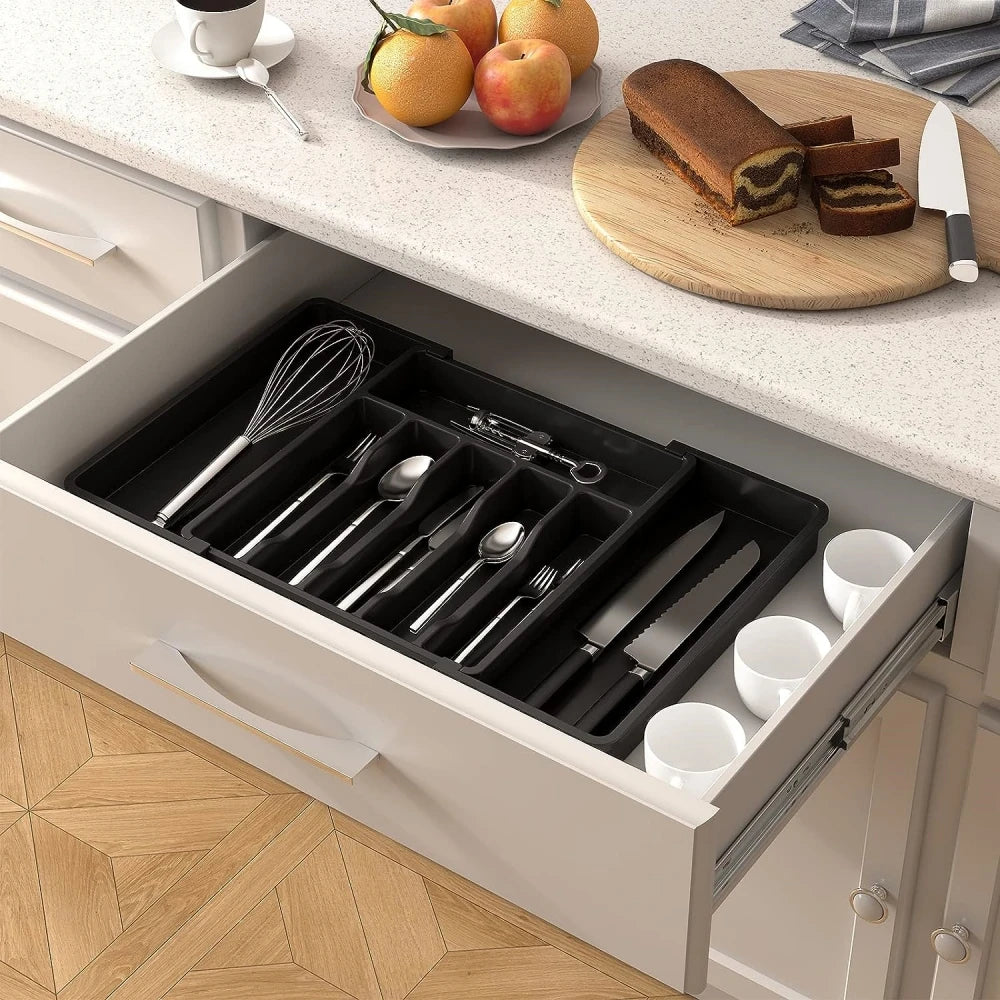 Silverware Drawer Organizer Expandable Utensil Tray for Kitchen Adjustable Flatware and Cutlery Holder Black Cutlery Organiser Lunivers-du-Rangement