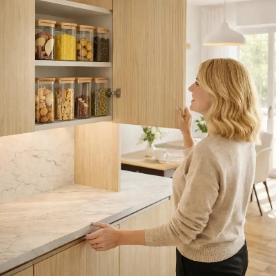 bocaux verre hermetique bambou rangement placard cuisine organisation
