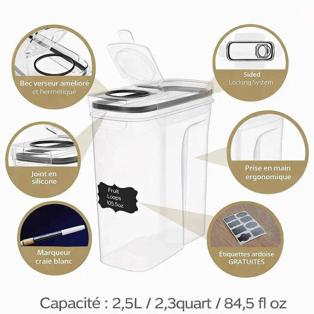 boitedeconservationcerealeshermetique25lavecbecverseurjointsiliconepoigneeergonomiqueetiquettesardoiseetmarqueurblanc