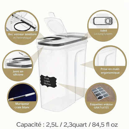 boitedeconservationcerealeshermetique25lavecbecverseurjointsiliconepoigneeergonomiqueetiquettesardoiseetmarqueurblanc