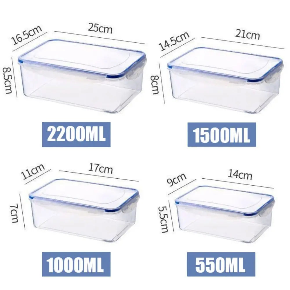 ensemble de quatre boites de conservation alimentaires en plastique transparent avec capacites 550ml 1000ml 1500ml et 2200ml et dimensions indiquees