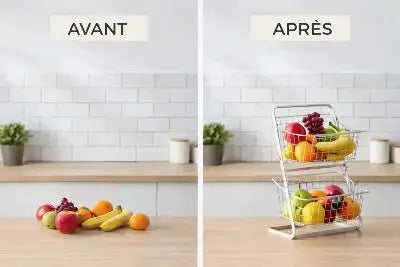 corbeille fruits 2 niveaux blanc avant apres gain place cuisine