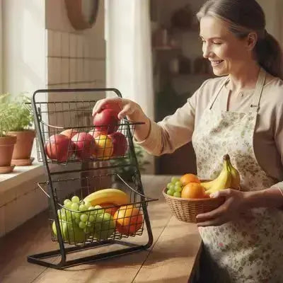 corbeille fruits 2 niveaux noir elegant gain place hygienique solide