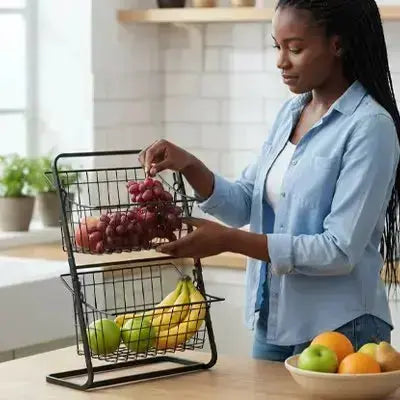 corbeille fruits 2 niveaux noir grande capacite gain place hygienique