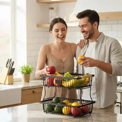 corbeille fruits design moderne noir 2 niveaux acier poignee bois