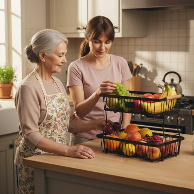 deuxfemmesdansunecuisineavecunpanierdefruits