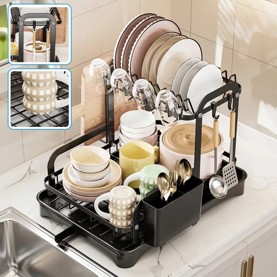 egouttoirvaisselle2niveauxnoiravecsupporttassesetcouverts