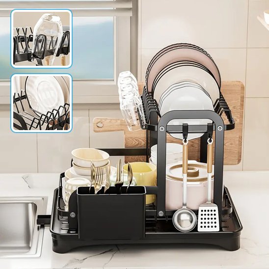 egouttoirvaisselle2niveauxnoircompactavecsupportcouverts