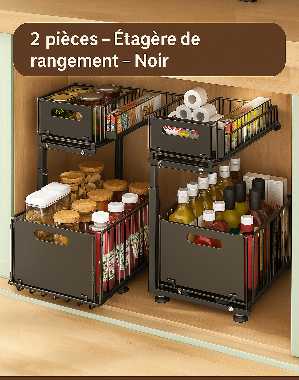 etagererangementcuisinenoir2piecesorganisateursouseviermetalsolide