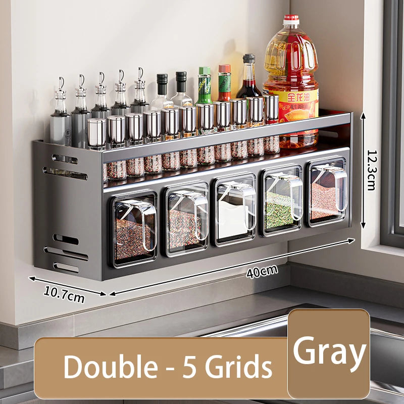 etagererangementepicesmuraleinoxdouble5compartimentsgrisdimensions40x10.7x12.3cm