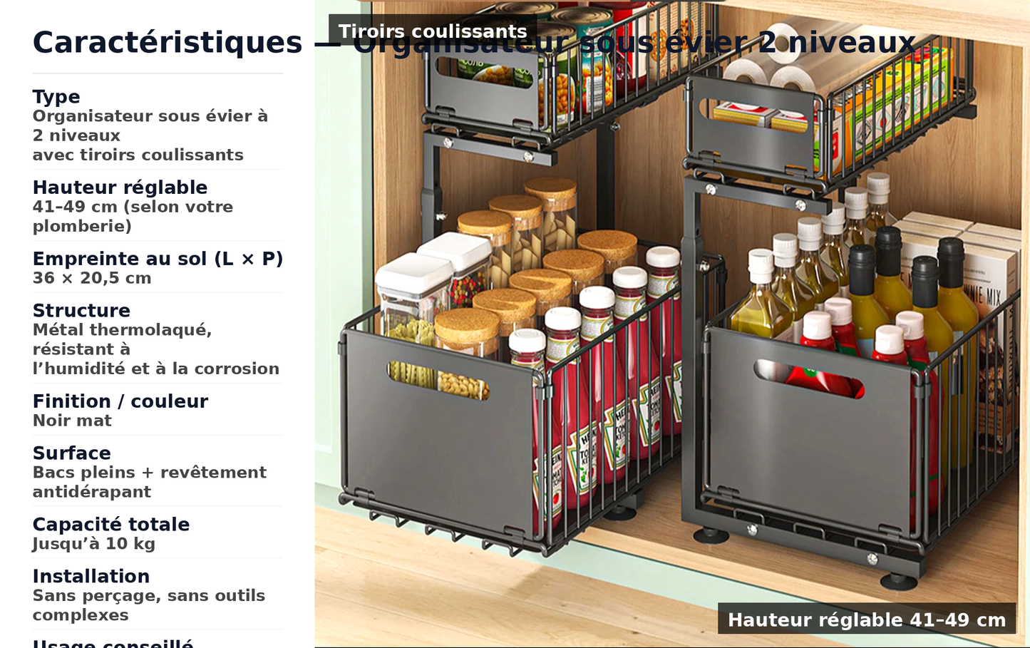 Organisateur Sous Évier Coulissant 2 Niveaux | Rangement Cuisine Extractible. Lunivers-du-Rangement