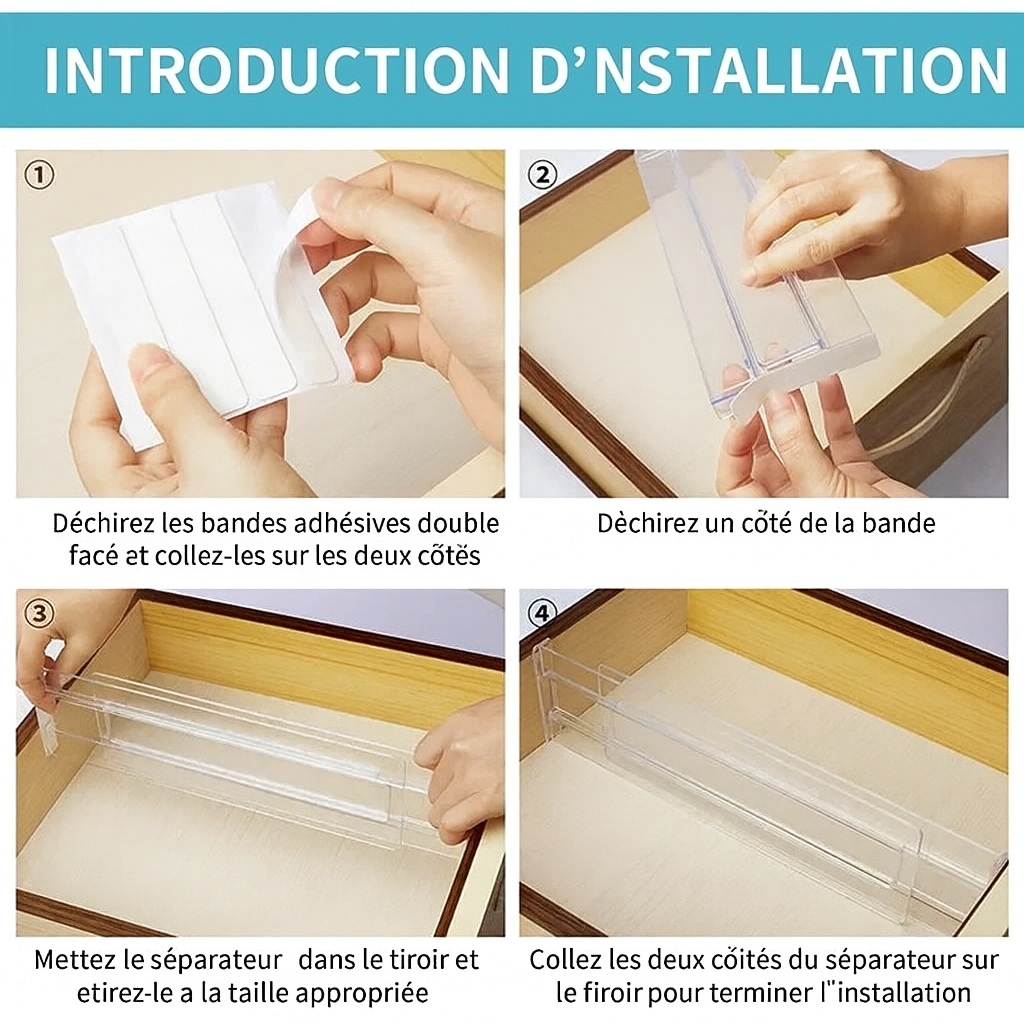 etapes d installation du separateur de tiroir transparent avec bandes adhesif double face illustration en 4 images