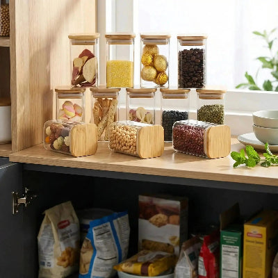 lot 12 bocaux verre hermetique bambou rangement cuisine plan travail
