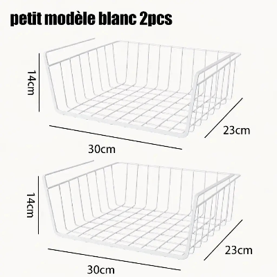 lot de 2 paniers rangement sous etagere blanc dimensions 30cm longueur 23cm largeur 14cm hauteur