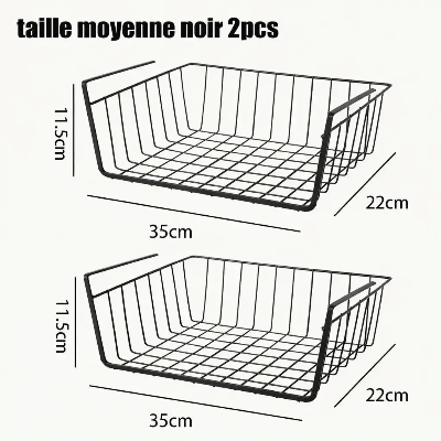lot de 2 paniers rangement sous etagere noir dimensions 35cm longueur 22cm largeur 11.5cm hauteur