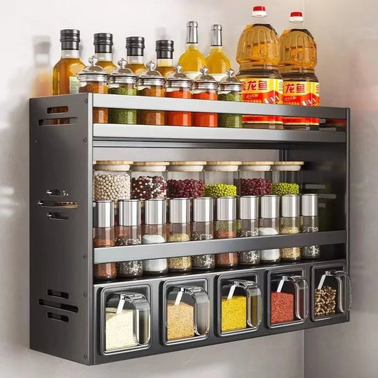 Organisateur de cuisine en metal couleur alu avec bouteilles dhuile pots a epices et bacs de rangement transparents