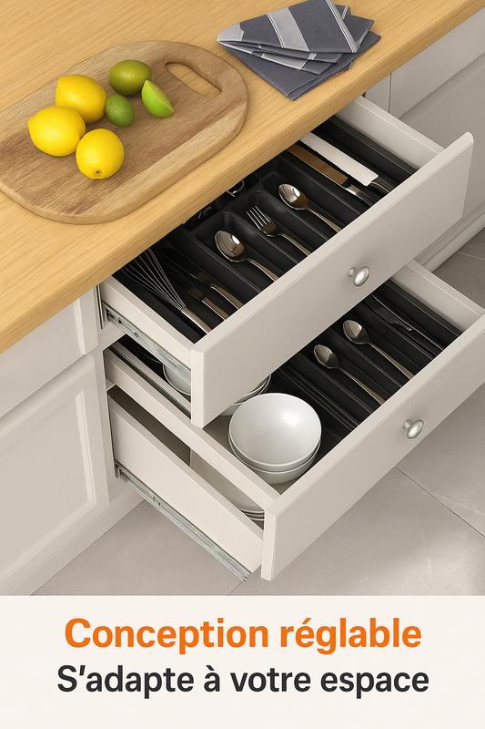 organisateurdetiroirsreglablepourcouvertsdecuisinemontrantuntiroirbienrangecuilleresfourchettesetbolssurunplandetravailenboisclai