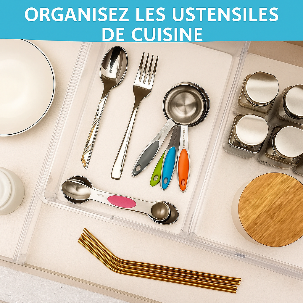 tiroir de cuisine bien range avec separateurs transparents contenant cuilleres fourchettes et ustensiles de cuisine organises proprement