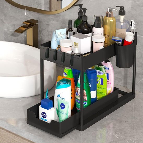 organisateurnoirdesalledebainremplideproduitscosmetiquesflaconssoinsetaccessoiresranges