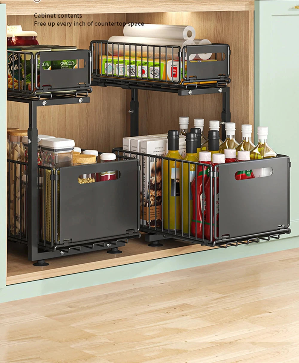 organisateursouseviercuisinemetalnoir2niveauxrangementcoulissantbouteillesetcondiments