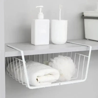 panier rangement sous etagere salle de bain organisateur serviette hygiene metal blanc