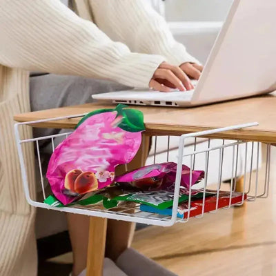 panier rangement sous table organisateur bureau metal blanc suspendu collation