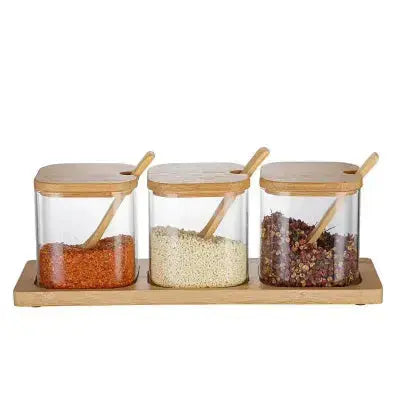pot a epices verre hermetique lot 3 avec cuilleres bambou